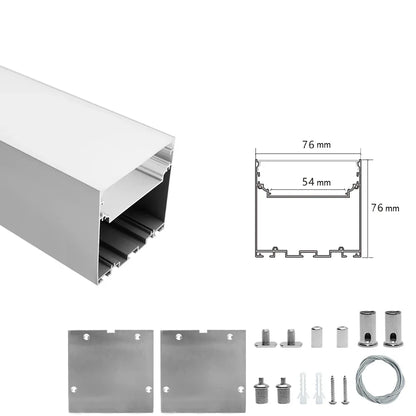 Wide Pendant LED Aluminum Profile Light H7676B – 54mm Inner Width | Silver Housing | Milky White Cover | With Installation Accessories | Suspension Mounting Linear Office Lighting | 1m / 2m Length | 10 / 20-Pack