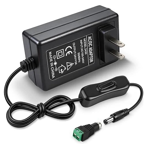 DC 24V Wall Plug LED Adapter with On/Off Switch, 48W/72W Options, US Plug, Black/White Housing, 100–240V AC Input Wall Plug LED Adapter - for LED Strip Lights and Electronics