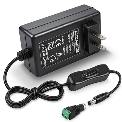 DC 24V Wall Plug LED Adapter with On/Off Switch, 48W/72W Options, US Plug, Black/White Housing, 100–240V AC Input Wall Plug LED Adapter - for LED Strip Lights and Electronics