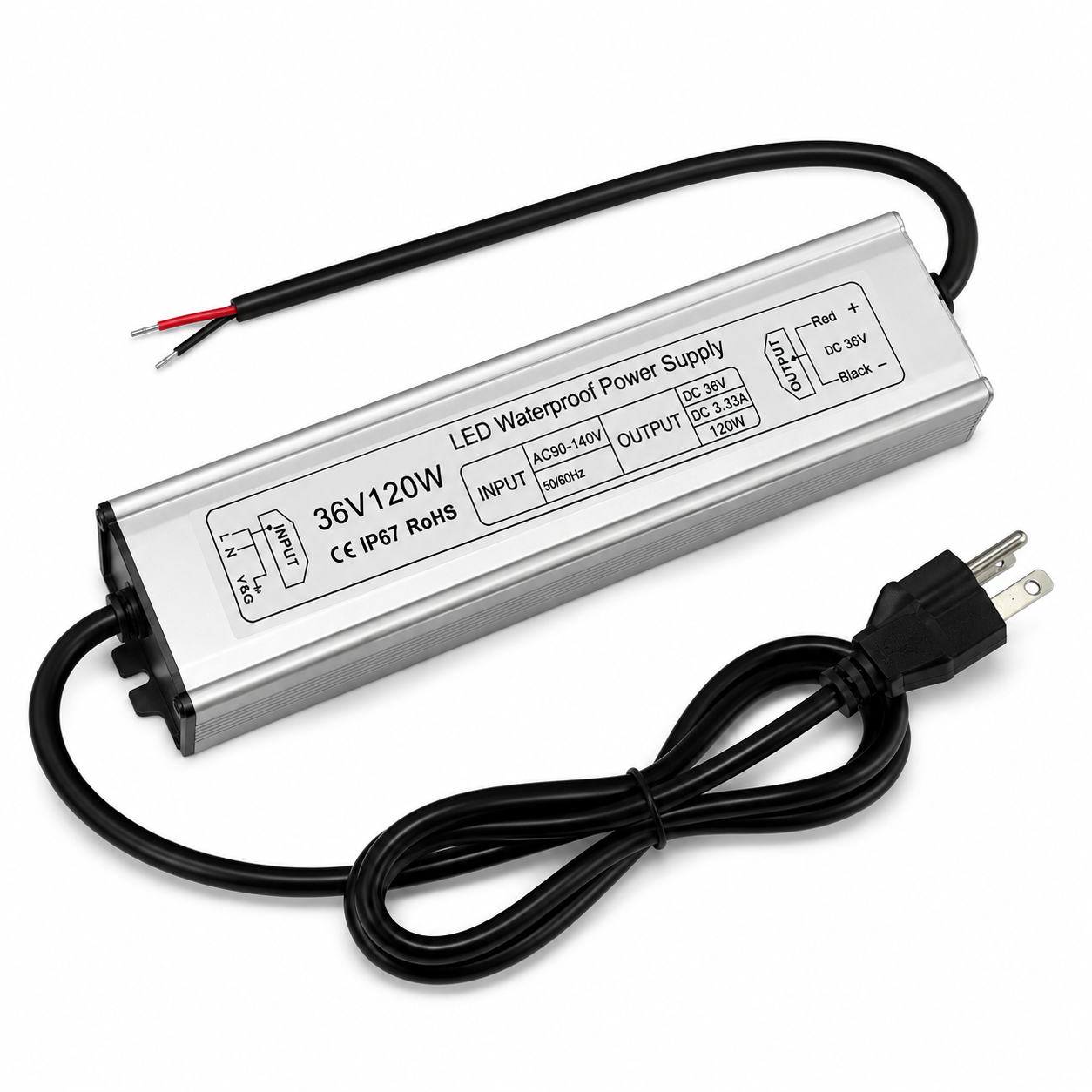 120W Outdoor Waterproof Power Supplies, 12V/24V/36V/48V Output, 90-265V / 90-140V / 175-265V Input, Single Output, Aluminum Housing, Outdoor Lighting Projects, CE/RoHS/FCC Certified, US/UK/EU Plug, 1-Pack / 10-Pack