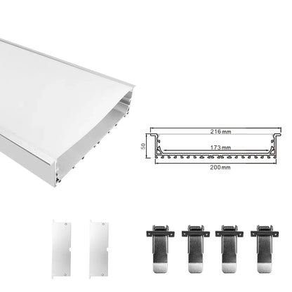 Wide Recessed LED Aluminum Profile Light H20050B – 173mm Inner Width | Silver Housing | Milky White Cover | With Installation Accessories | Flush Mounting Linear Office Lighting | 1m / 2m Length | 10 / 20-Pack