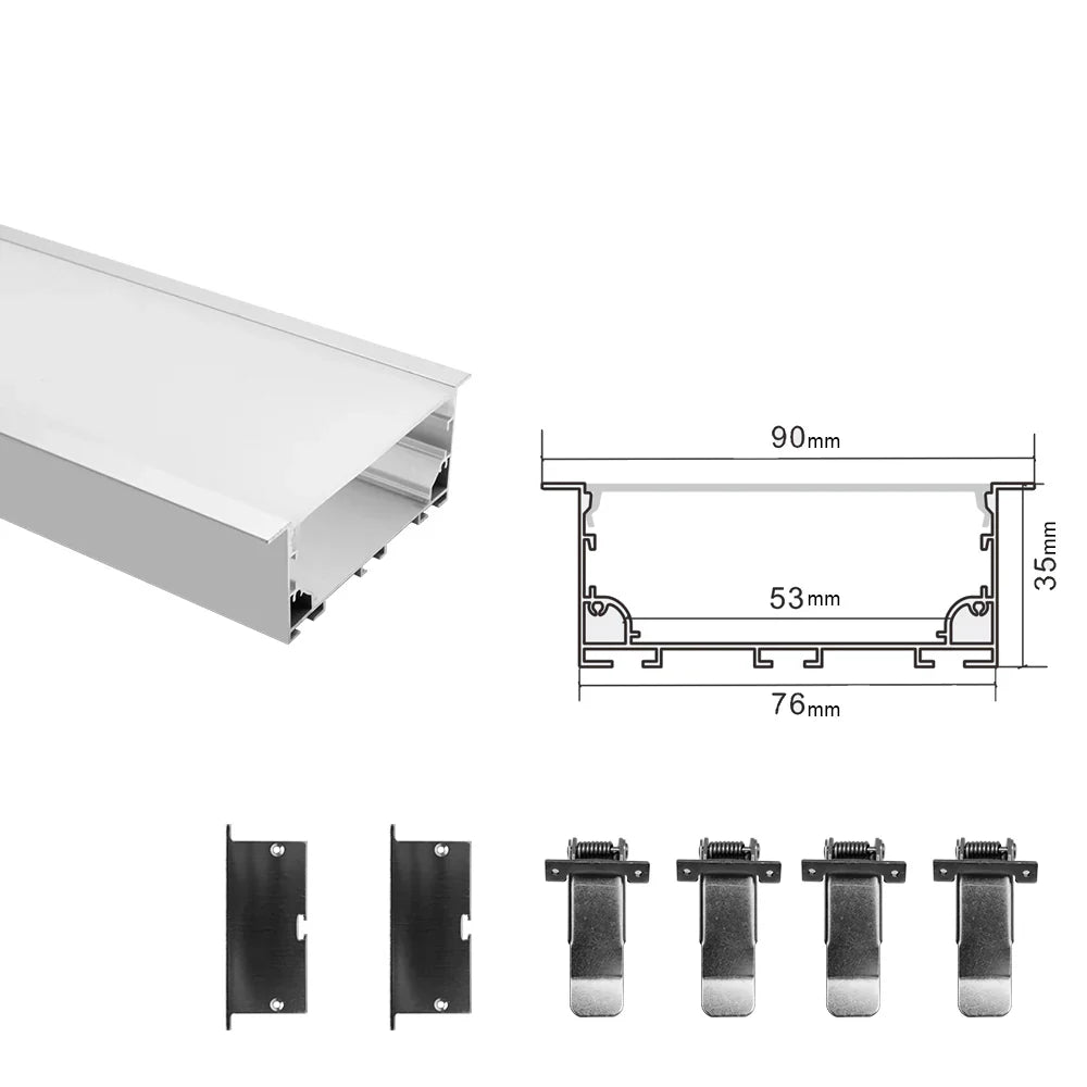 Wide Recessed LED Aluminum Profile Light H7635AB – 53mm Inner Width | Silver Housing | Milky White Cover | With Installation Accessories | Flush Mounting Linear Office Lighting | 1m / 2m Length | 10 / 20-Pack