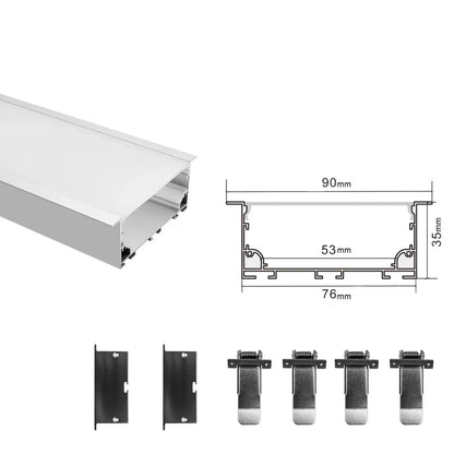 Wide Recessed LED Aluminum Profile Light H7635AB – 53mm Inner Width | Silver Housing | Milky White Cover | With Installation Accessories | Flush Mounting Linear Office Lighting | 1m / 2m Length | 10 / 20-Pack
