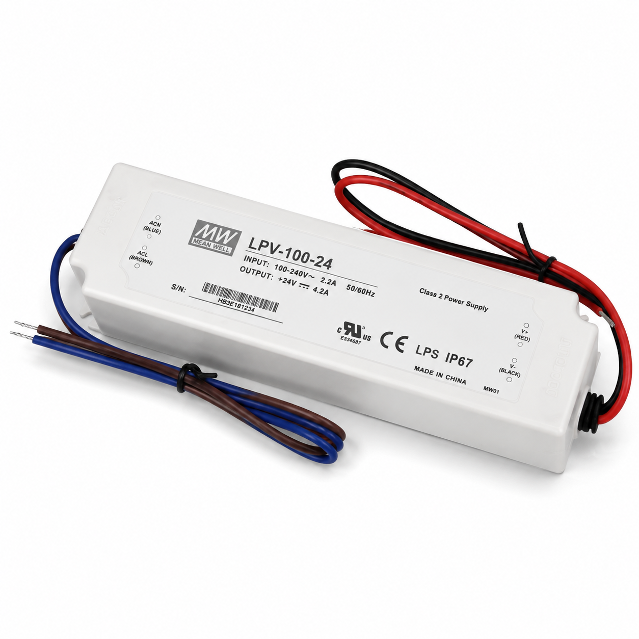 MEANWELL LPV Series 24V IP67 Waterproof Switching Power Supply, 35W–150W, AC90-264V Input, UL/CE Certified, Plastic Housing, Outdoor Lighting Projects, 1-Pack / 10-Pack