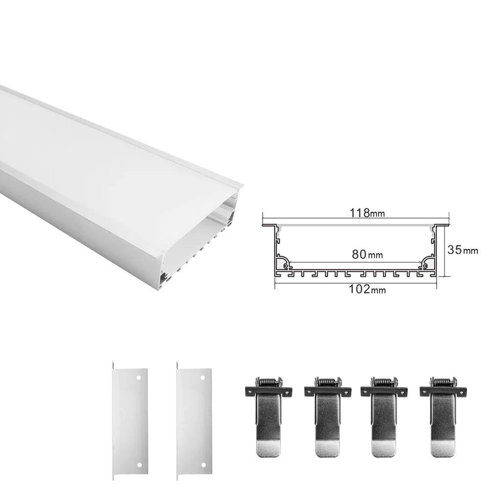 Wide Recessed LED Aluminum Profile Light H10235B – 80mm Inner Width | Silver Housing | Milky White Cover | With Installation Accessories | Flush Mounting Linear Office Lighting | 1m / 2m Length | 10 / 20-Pack