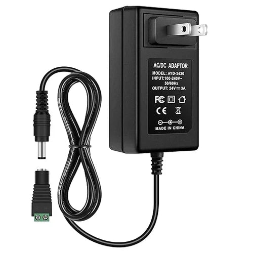 DC 24V Wall Plug LED Adapter 48W/72W, AC 100–240V Input Switching Wall Plug LED Adapter with US Plug, Black Housing - for LED Strip Lights and Electronics