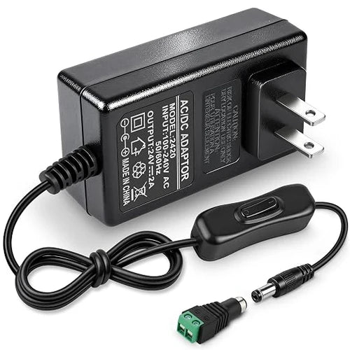 DC 24V Wall Plug LED Adapter with On/Off Switch, 48W/72W Options, US Plug, Black/White Housing, 100–240V AC Input Wall Plug LED Adapter - for LED Strip Lights and Electronics