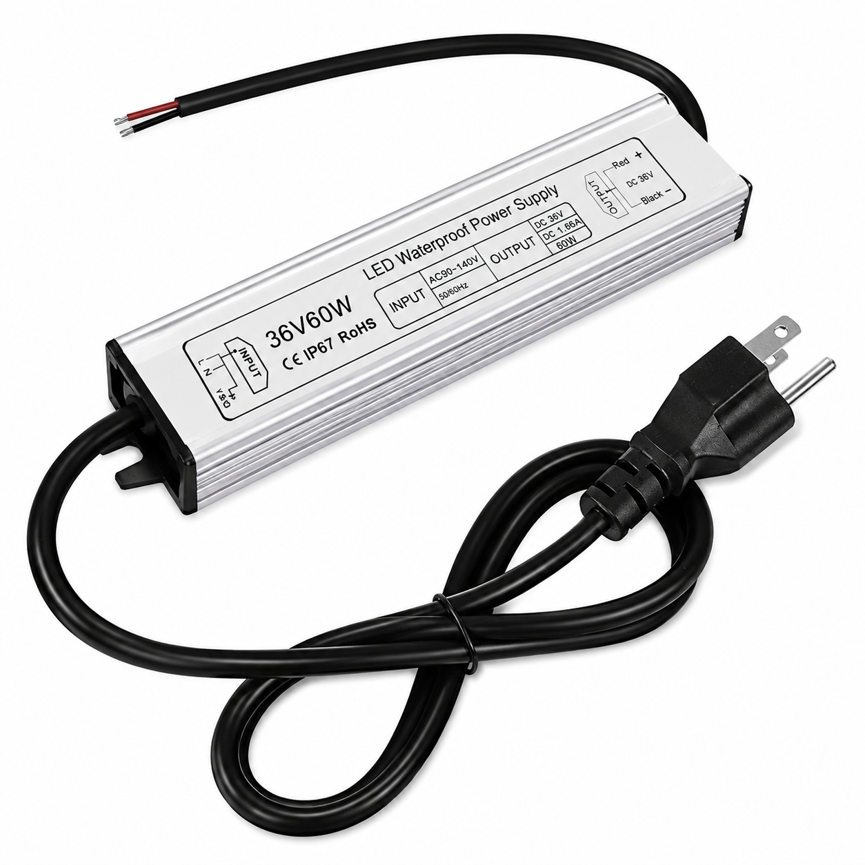 60W Outdoor Waterproof Power Supplies, 12V/24V/36V/48V Output, 90-265V / 90-140V Input, Single Output, Aluminum Housing, Outdoor Lighting Projects, CE/RoHS/FCC Certified, US/UK/EU Plug, 1-Pack / 10-Pack