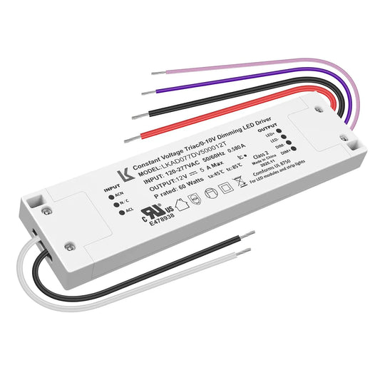 60W Plastic Case Universal Dimmable LED Driver, 12V/24V DC, UL Listed, AC 120-277V Input, LED Driver for Commercial Lighting Projects / LED Strip Installations / Architectural Lighting Systems