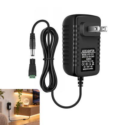 DC 5V Wall Plug LED Adapter 15W, AC 100–240V Input, Black Housing Wall Plug LED Adapter with US Plug - for LED Strip Lights, Routers, USB Devices and Electronics