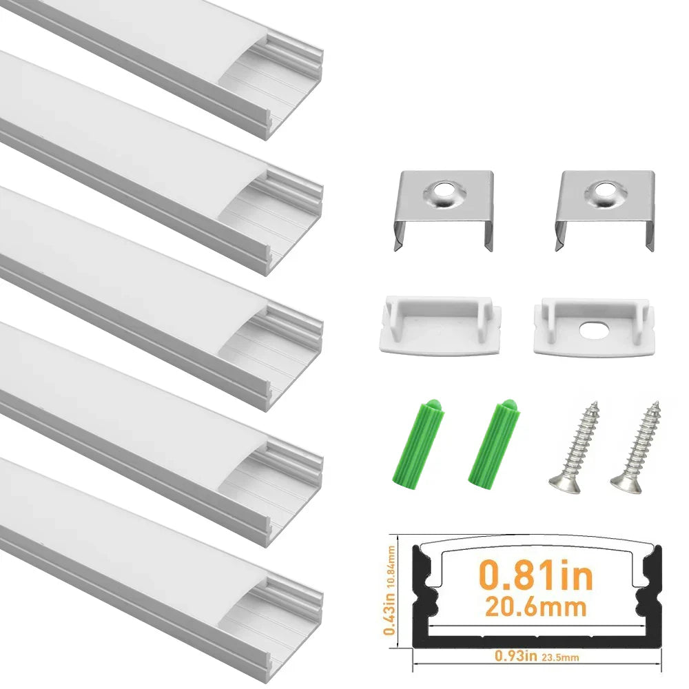 U Shape LED Channel - U04-A 20mm Silver / Black Aluminum Profile | Milky White Cover | Heavy-Duty LED Mounting Track – 1m / 2m / 3m | 50 / 100-Pack