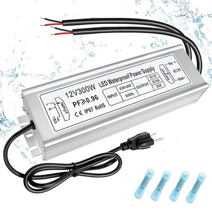 300W Outdoor Waterproof Power Supplies, 12V/24V Output, 90-265V Input, Dual Output, Aluminum Housing, Outdoor Lighting Projects, CE/RoHS/FCC Certified, US/UK/EU Plug, 1-Pack / 10-Pack