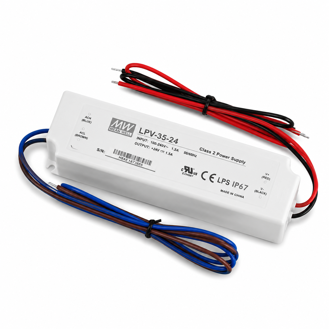MEANWELL LPV Series 24V IP67 Waterproof Switching Power Supply, 35W–150W, AC90-264V Input, UL/CE Certified, Plastic Housing, Outdoor Lighting Projects, 1-Pack / 10-Pack