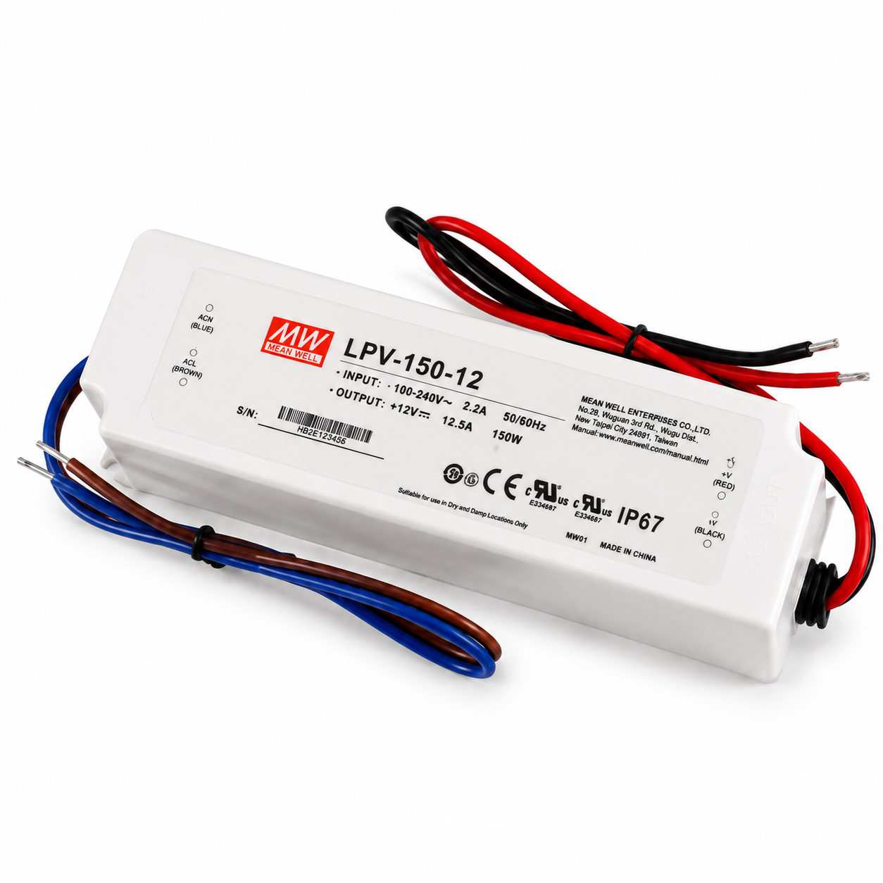 MEANWELL LPV Series 12V IP67 Waterproof Switching Power Supply, 35W–150W, AC90-264V Input, UL/CE Certified, Plastic Housing, Outdoor Lighting Projects, 1-Pack / 10-Pack