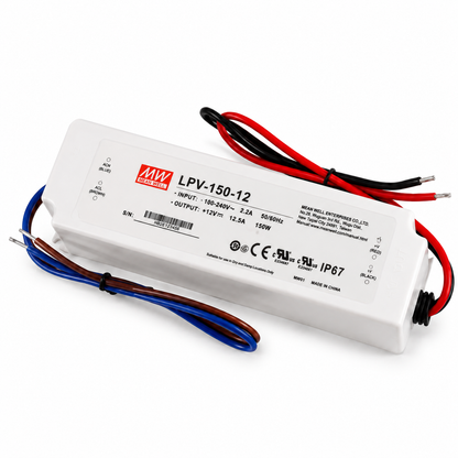 MEANWELL LPV Series 12V IP67 Waterproof Switching Power Supply, 35W–150W, AC90-264V Input, UL/CE Certified, Plastic Housing, Outdoor Lighting Projects, 1-Pack / 10-Pack