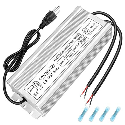 500W Outdoor Waterproof Power Supplies, 12V/24V Output, 90-140V / 175-265V Input, Dual Output, Aluminum Housing, Outdoor Lighting Projects, CE/RoHS/FCC Certified, US/UK/EU Plug, 1-Pack / 10-Pack