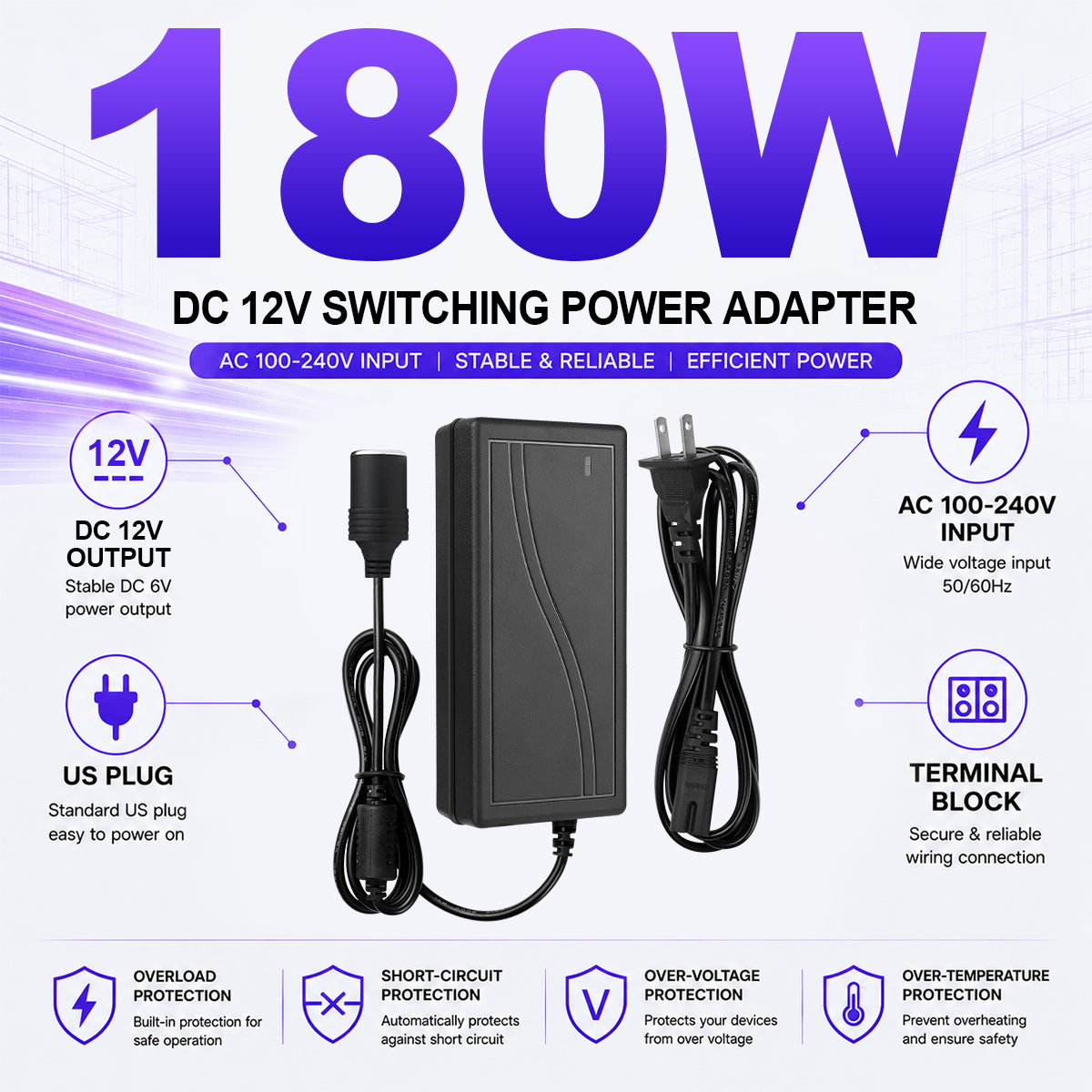 AC 100–240V Input LED Power Adapter Cigarette Lighter Converter Transformer 60W/120W/180W DC 12V with US Plug for Car Accessories, Tire Inflators, Portable Coolers, Car Vacuum Cleaners and Automotive Equipment, 1-Pack/10-Pack