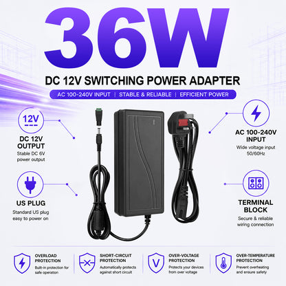 AC 100–240V Input LED Power Adapter Switching Transformer 36W–120W DC 12V with UK Plug for LED Strip Lights, CCTV Systems, Security Cameras, Pumps and Industrial Electronics, 1-Pack/10-Pack