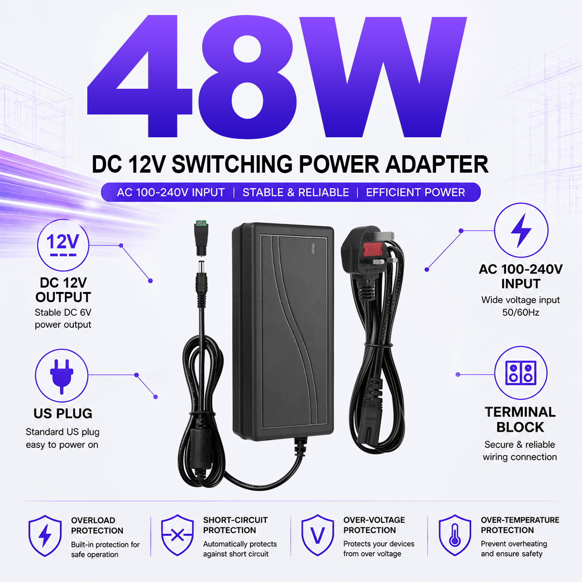 AC 100–240V Input LED Power Adapter Switching Transformer 36W–120W DC 12V with UK Plug for LED Strip Lights, CCTV Systems, Security Cameras, Pumps and Industrial Electronics, 1-Pack/10-Pack
