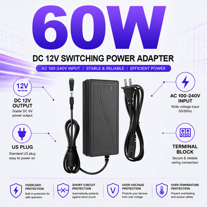AC 100–240V Input LED Power Adapter Switching Transformer 36W/60W DC 12V with US Plug for LED Strip Lights, CCTV Systems, Security Cameras, Pumps and Industrial Electronics, 1-Pack/10-Pack