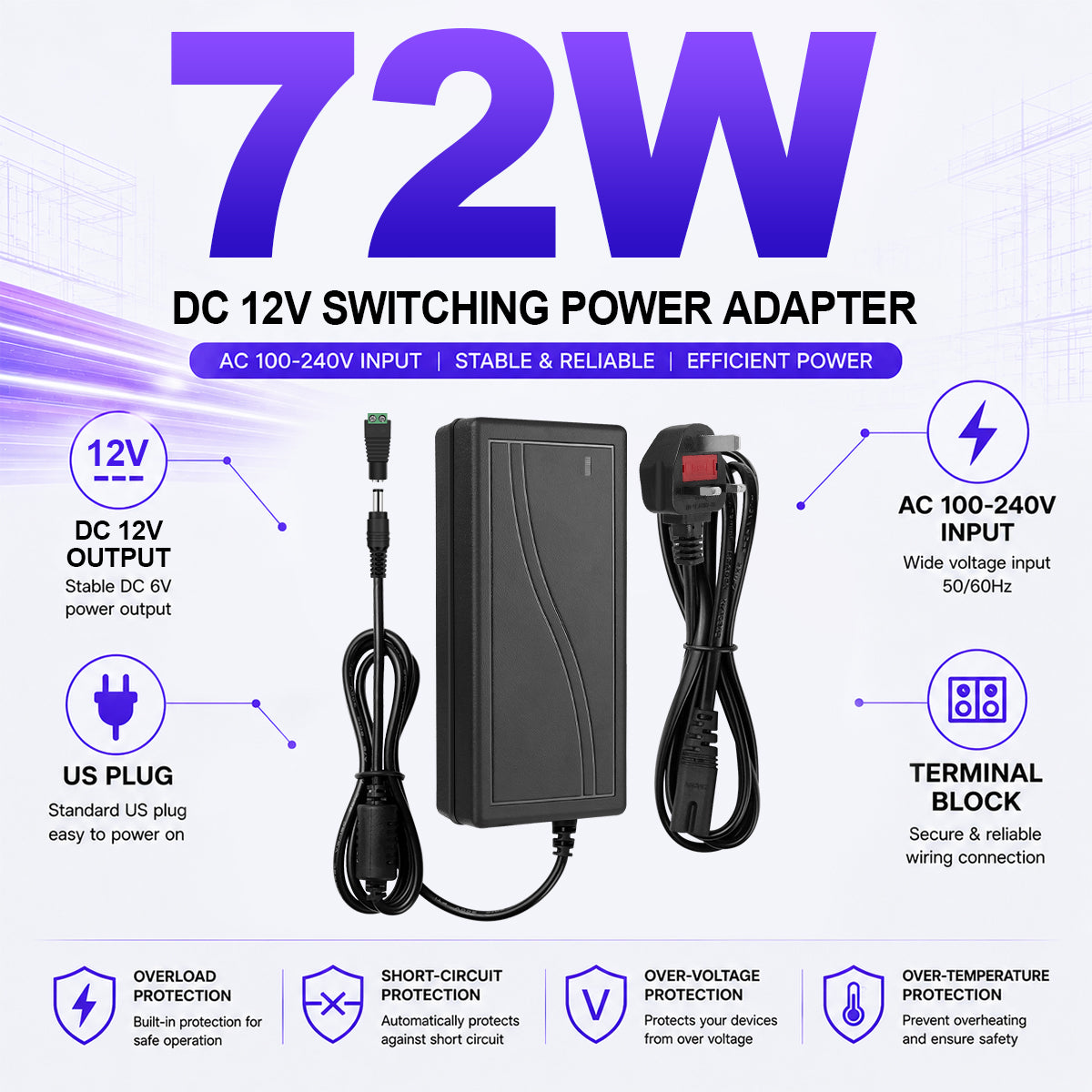 AC 100–240V Input LED Power Adapter Switching Transformer 36W–120W DC 12V with UK Plug for LED Strip Lights, CCTV Systems, Security Cameras, Pumps and Industrial Electronics, 1-Pack/10-Pack