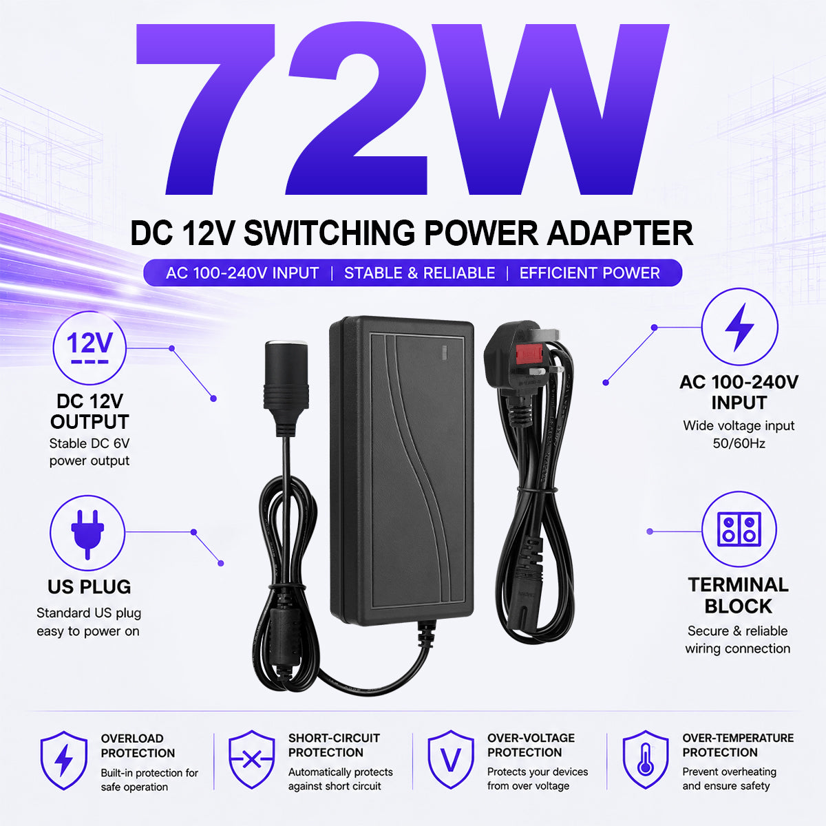 AC 100–240V Input LED Power Adapter Cigarette Lighter Converter Transformer 60W–120W DC 12V with UK Plug for Car Accessories, Tire Inflators, Portable Coolers, Car Vacuum Cleaners and Automotive Equipment, 1-Pack/10-Pack