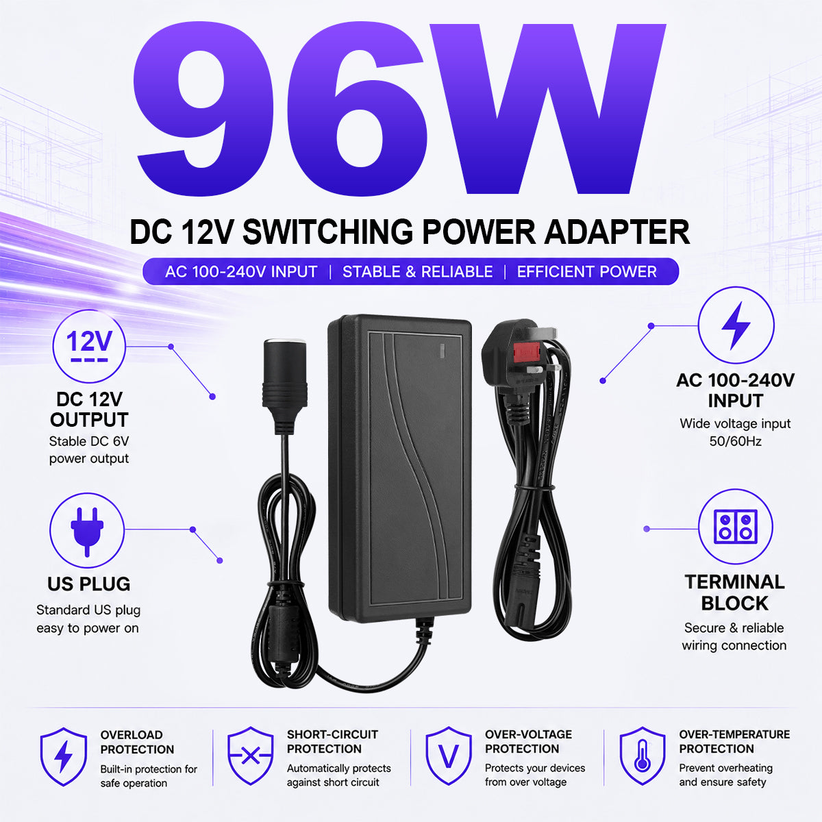 AC 100–240V Input LED Power Adapter Cigarette Lighter Converter Transformer 60W–120W DC 12V with UK Plug for Car Accessories, Tire Inflators, Portable Coolers, Car Vacuum Cleaners and Automotive Equipment, 1-Pack/10-Pack