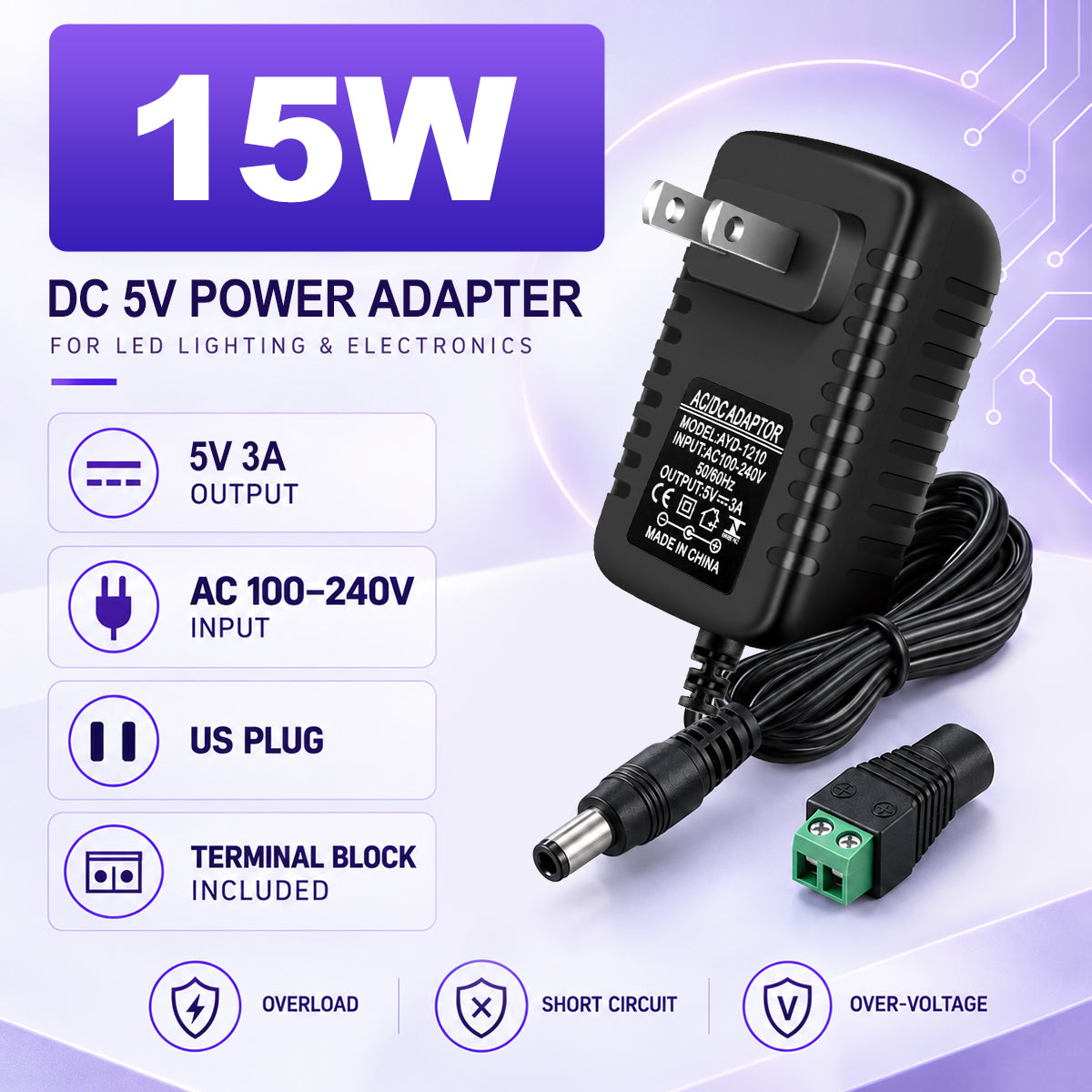 DC 5V Wall Plug LED Adapter 15W, AC 100–240V Input, Black Housing Wall Plug LED Adapter with US Plug - for LED Strip Lights, Routers, USB Devices and Electronics