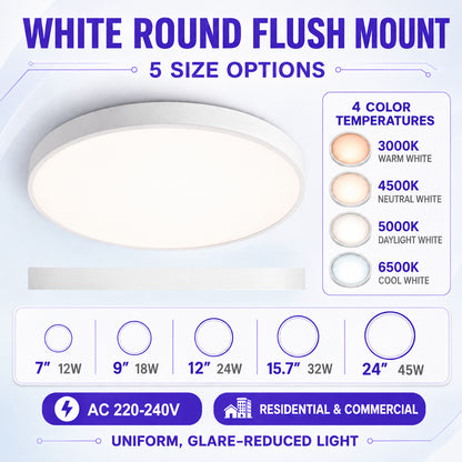 AC 220–240V White Round Flush Mount LED Ceiling Lights – 7 / 9 / 12 / 15.7 / 24 Inch – 3000K / 4500K / 5000K / 6500K – for Residential & Commercial Lighting – Local Stock (UK)
