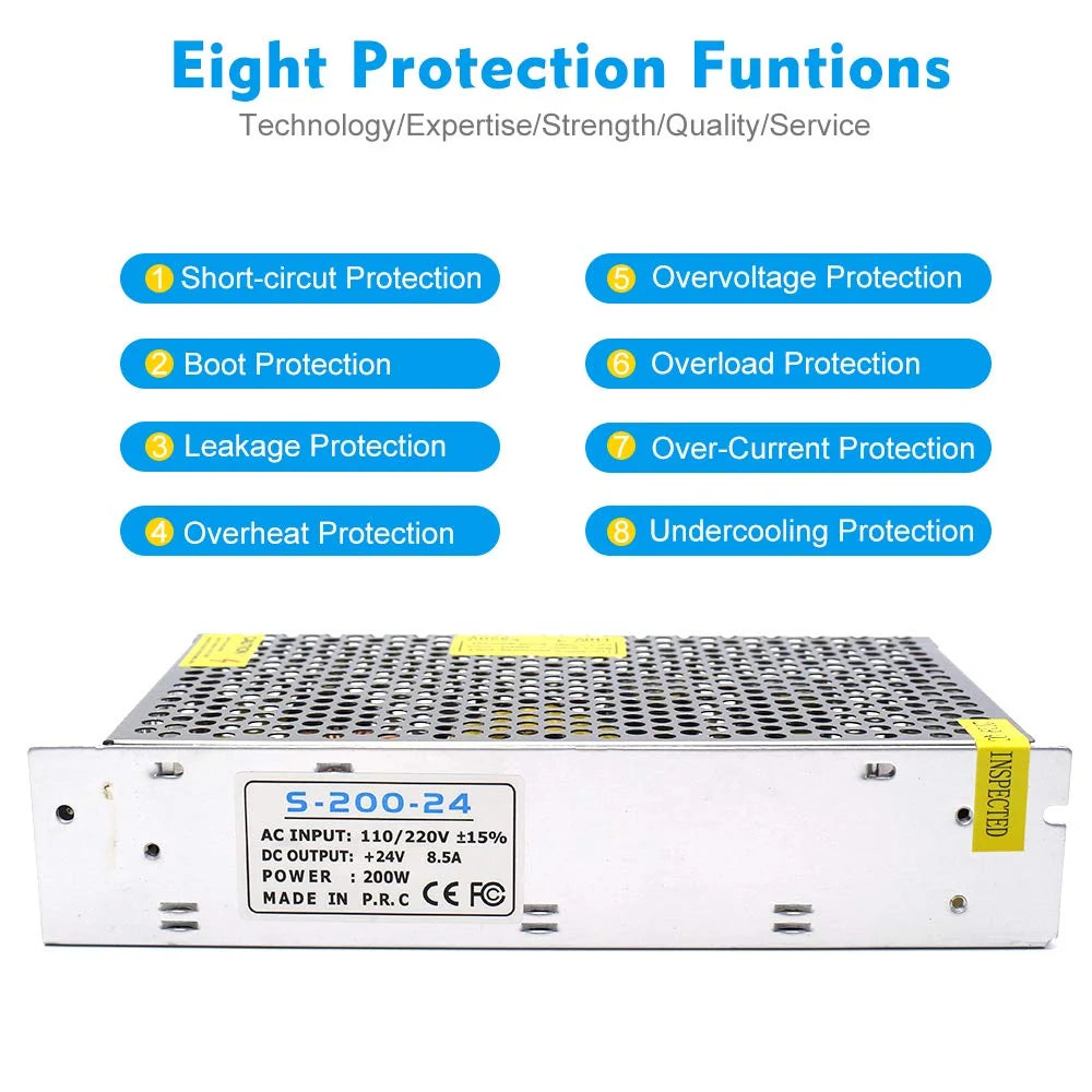 DC 12V/24V 60W–240W Industrial Switching Power Supplies, AC 110/220V Input, Constant Voltage LED Driver Transformer, Metal Case with Screw Terminals, CE/FCC/RoHS Certified