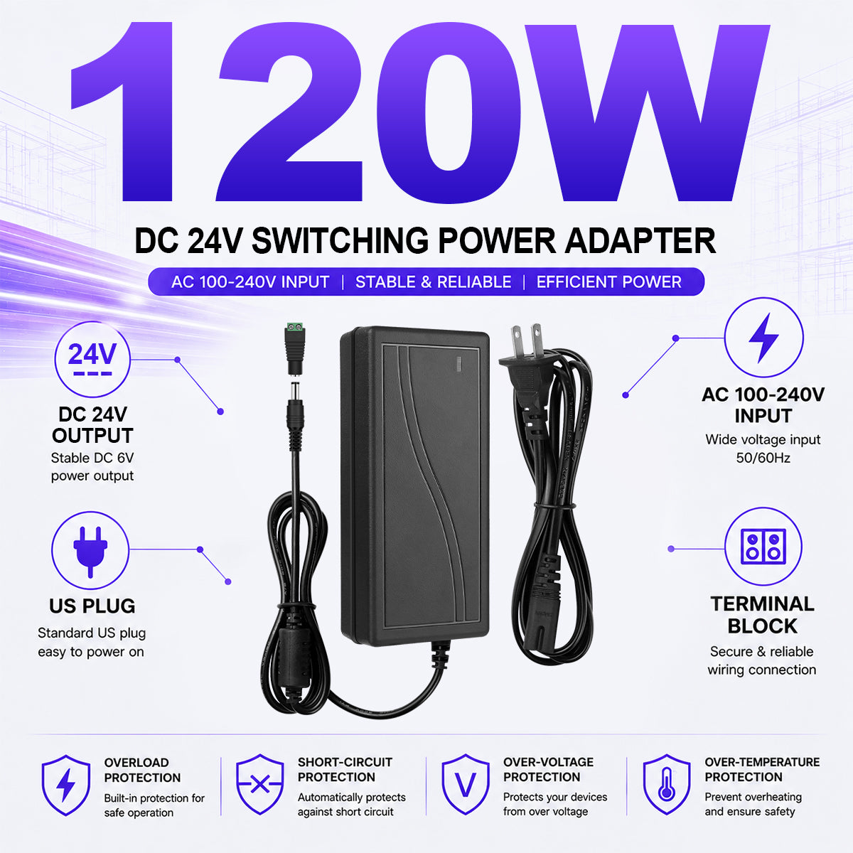 AC 100–240V Input LED Power Adapter Switching Transformer 60W–120W DC 24V with US Plug for LED Strip Lights, 3D Printers, CNC Equipment, CCTV Systems and Industrial Control Devices, 1-Pack/10-Pack
