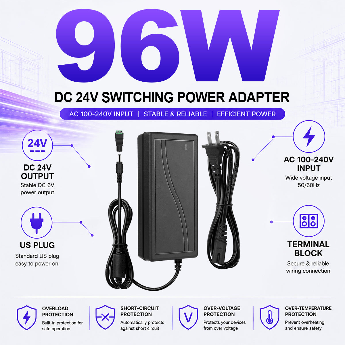 AC 100–240V Input LED Power Adapter Switching Transformer 60W–120W DC 24V with US Plug for LED Strip Lights, 3D Printers, CNC Equipment, CCTV Systems and Industrial Control Devices, 1-Pack/10-Pack