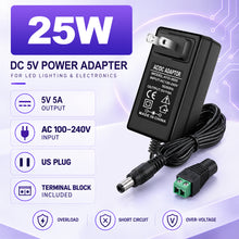 DC 5V Wall Plug LED Adapter 25W, AC 100–240V Input, Black Housing Wall Plug LED Adapter with US Plug - for LED Strip Lights, Routers, USB Devices and Electronics