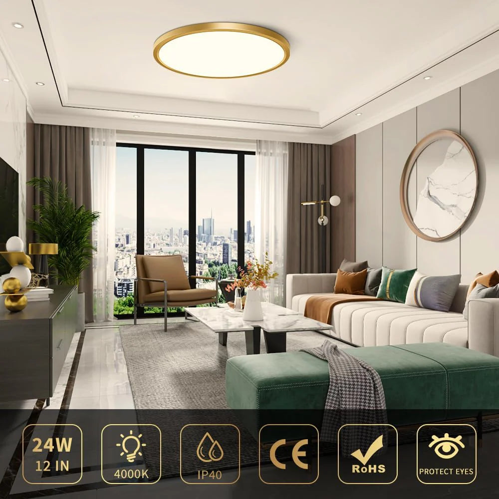 AC 110–130V Gold Round Flush Mount LED Ceiling Light – 18 / 24 / 32 Inch – 3000K / 4500K / 5000K / 6500K – for Residential & Commercial Lighting – Local Stock (US)