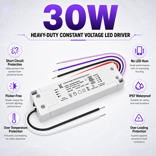 30W Plastic Case Universal Dimmable LED Driver, 12V DC, ETL Listed, AC 120-277V Input, LED Driver for Commercial Lighting Projects / LED Strip Installations / Architectural Lighting Systems
