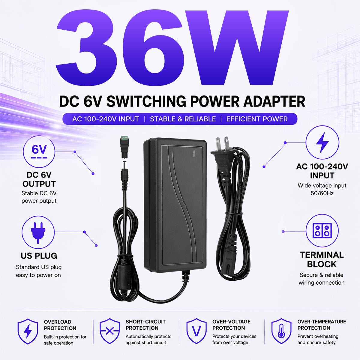 AC 100–240V Input LED Power Adapter Switching Transformer 18W–60W DC 6V with US Plug for Security Systems, Routers, Industrial Electronics and Control Equipment, 1-Pack/10-Pack