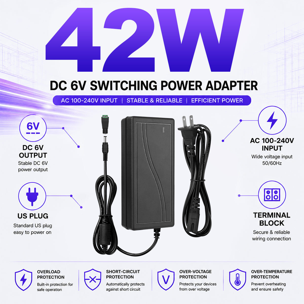 AC 100–240V Input LED Power Adapter Switching Transformer 18W–60W DC 6V with US Plug for Security Systems, Routers, Industrial Electronics and Control Equipment, 1-Pack/10-Pack