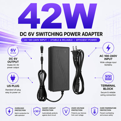 AC 100–240V Input LED Power Adapter Switching Transformer 18W–60W DC 6V with US Plug for Security Systems, Routers, Industrial Electronics and Control Equipment, 1-Pack/10-Pack