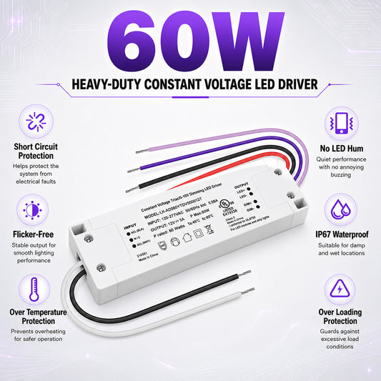 60W Plastic Case Universal Dimmable LED Driver, 12V/24V DC, UL Listed, AC 120-277V Input, LED Driver for Commercial Lighting Projects / LED Strip Installations / Architectural Lighting Systems