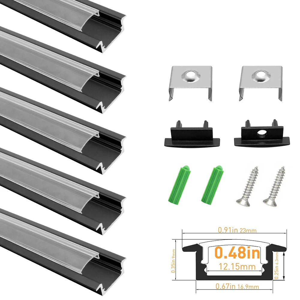 U Shape LED Channel - U01-A 12mm | Silver / Black Aluminum Profile | Milky White Cover | Heavy-Duty LED Mounting Track – 1m / 2m / 3m | 50 / 100-Pack