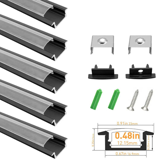 U Shape LED Channel - U01-A 12mm | Silver / Black Aluminum Profile | Milky White Cover | Heavy-Duty LED Mounting Track – 1m / 2m / 3m | 50 / 100-Pack