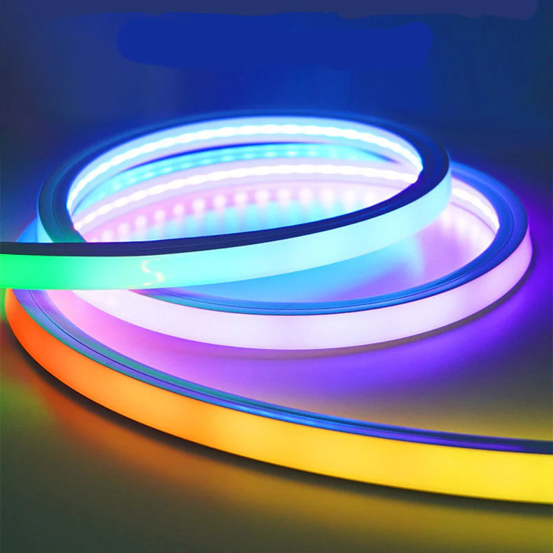 RGB Addressable Neon LED Strip Light | WS2812 SMD5050 60LEDs/M | 20×20mm Flexible Silicone Neon Rope | IP67 Waterproof | Top-Bend & Side-Bend Options | 5M Roll Kit with Power Adapter & Controller