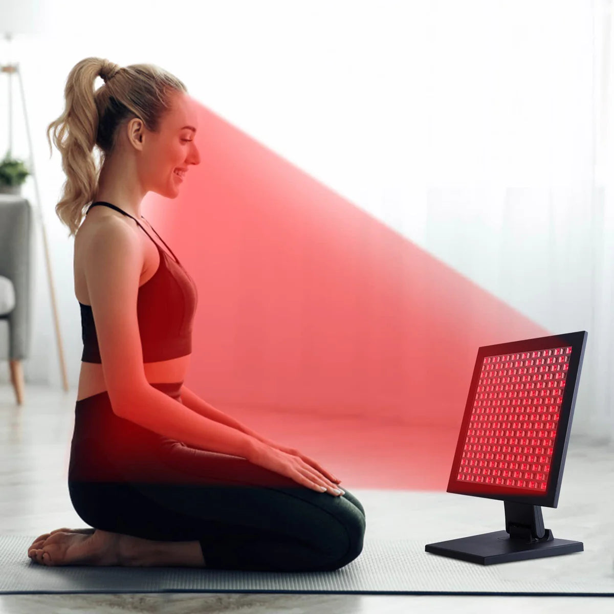 50W Infrared Therapy Lamp – Red Light 655–665nm & IR 850–860nm | Dimmable & Timer | AC100–240V | Aluminum Alloy + PC Cover | for Skin & Muscle | Blue Stand / Desktop Stand | Included Controller, Protective Goggles | US / EU / UK / AU Plug
