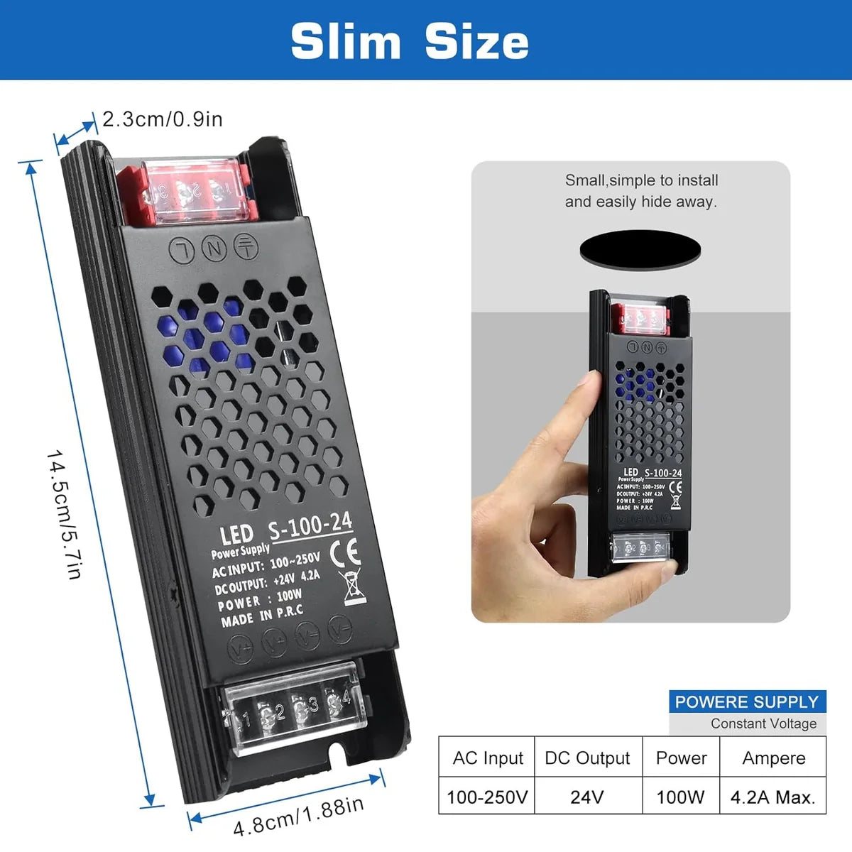 DC 12V/24V 36W–200W Slim Black Industrial Switching Power Supplies, AC 110–250V Input, Narrow Type LED Driver Transformer, Compact Metal Housing, CE/FCC/RoHS Certified
