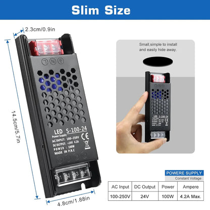 DC 12V/24V 36W–200W Slim Black Industrial Switching Power Supplies, AC 110–250V Input, Narrow Type LED Driver Transformer, Compact Metal Housing, CE/FCC/RoHS Certified