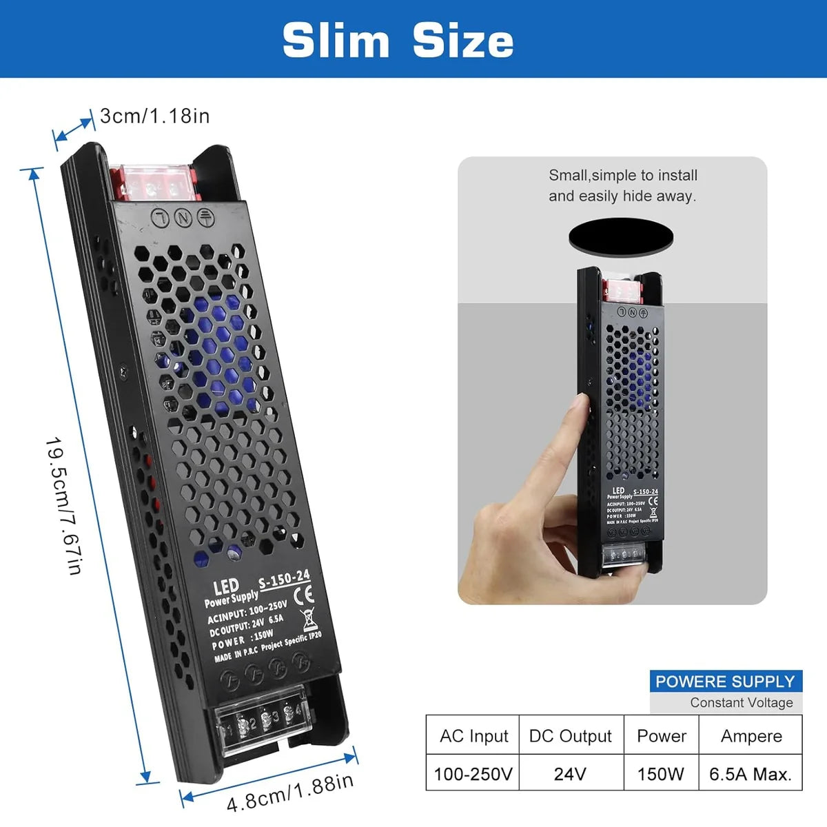 DC 12V/24V 36W–200W Slim Black Industrial Switching Power Supplies, AC 110–250V Input, Narrow Type LED Driver Transformer, Compact Metal Housing, CE/FCC/RoHS Certified