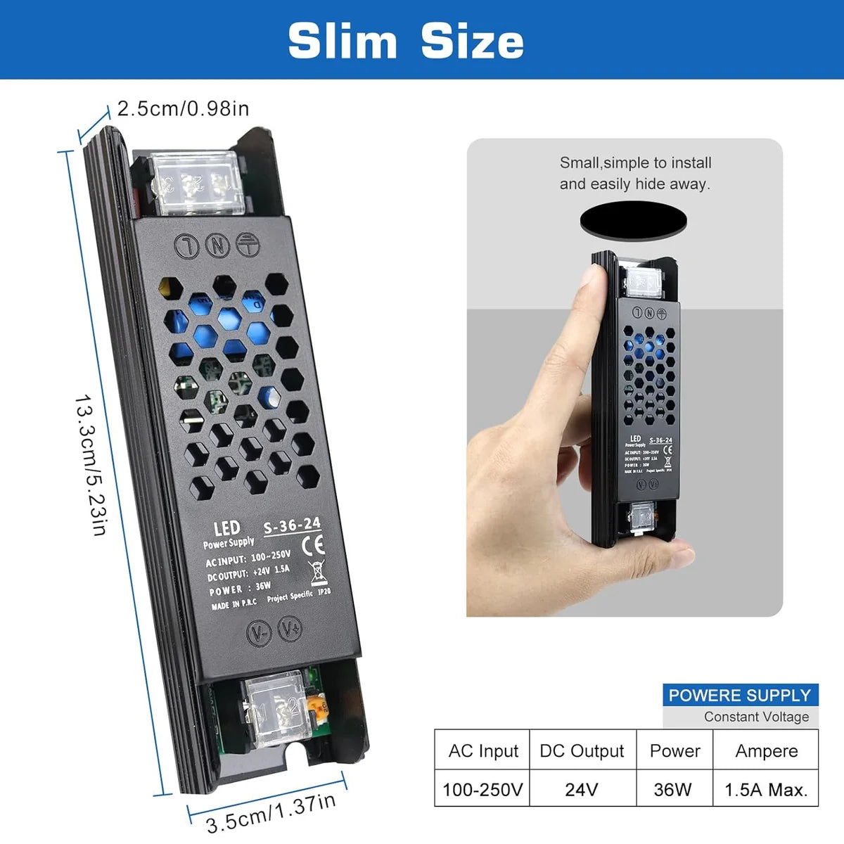 DC 12V/24V 36W–200W Slim Black Industrial Switching Power Supplies, AC 110–250V Input, Narrow Type LED Driver Transformer, Compact Metal Housing, CE/FCC/RoHS Certified