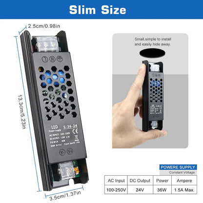 DC 12V/24V 36W–200W Slim Black Industrial Switching Power Supplies, AC 110–250V Input, Narrow Type LED Driver Transformer, Compact Metal Housing, CE/FCC/RoHS Certified