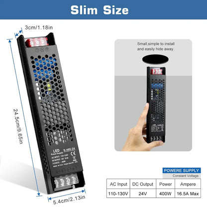 DC 12V 300W–400W Slim Black Industrial Switching Power Supplies, AC 120–130V/170–250V Input, LED Driver Transformer with Built-in Cooling Fan, CE/FCC/RoHS Certified