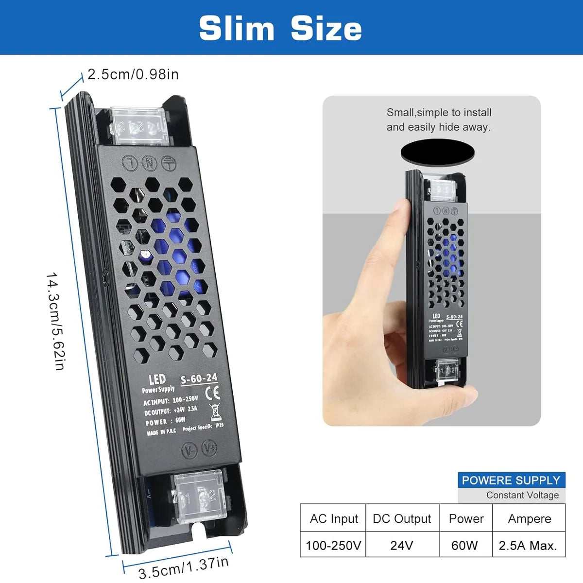 DC 12V/24V 36W–200W Slim Black Industrial Switching Power Supplies, AC 110–250V Input, Narrow Type LED Driver Transformer, Compact Metal Housing, CE/FCC/RoHS Certified